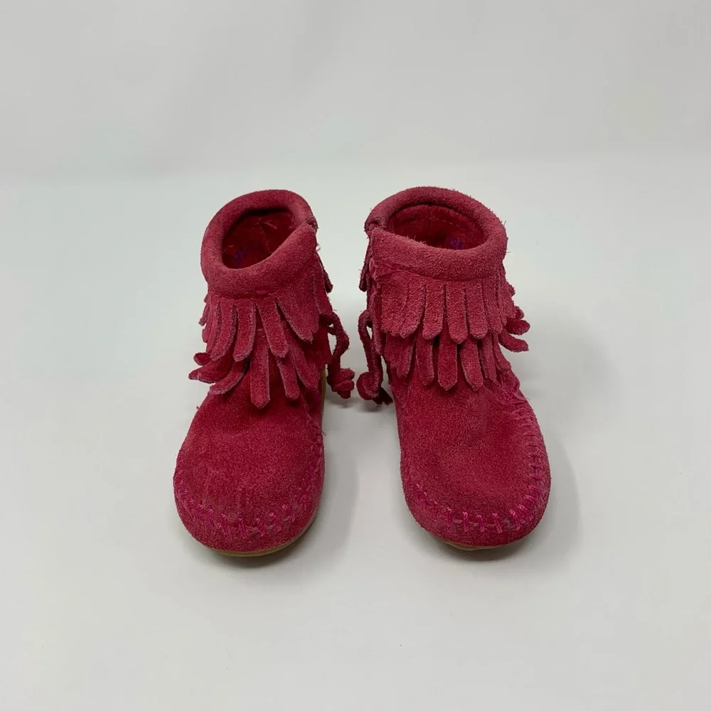 Minnetonka Baby Girls Hot Pink Suede Double Fringe Moccasin Boots Shoes Size 2